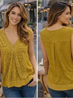 Akemi and Kim Sleeveless Eyelet V-Neck Top in Mustard